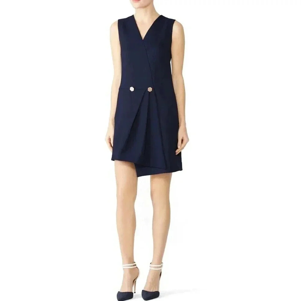 Osman London Navy Blue V-Neck Wrap Front Mini Dress with Gold Buttons US 2
